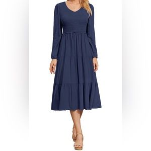 Long Sleeve Casual Tiered Smocked Midi Dress